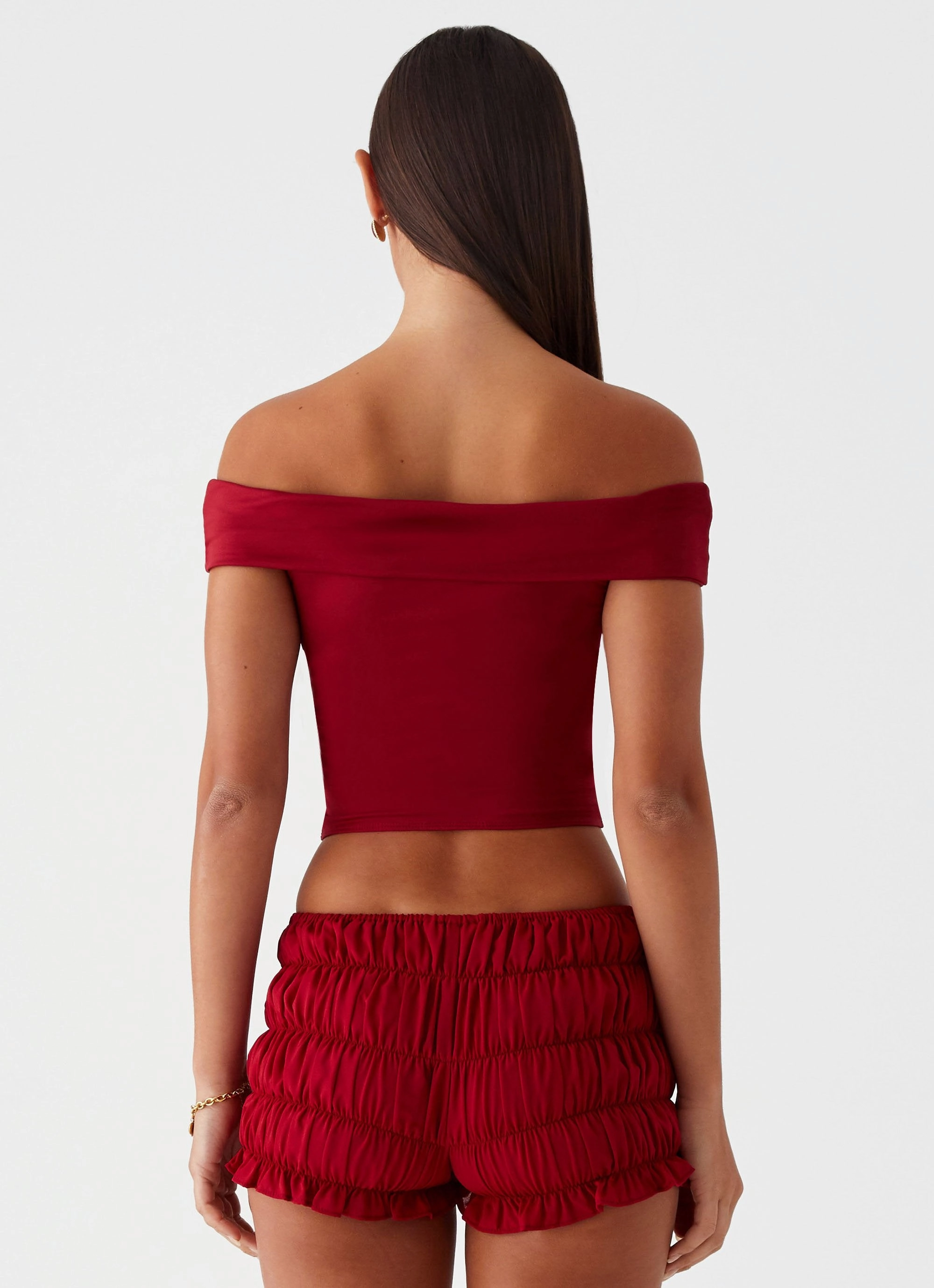 CroppedLength Trixie Twist Off Shoulder Top - Maroon