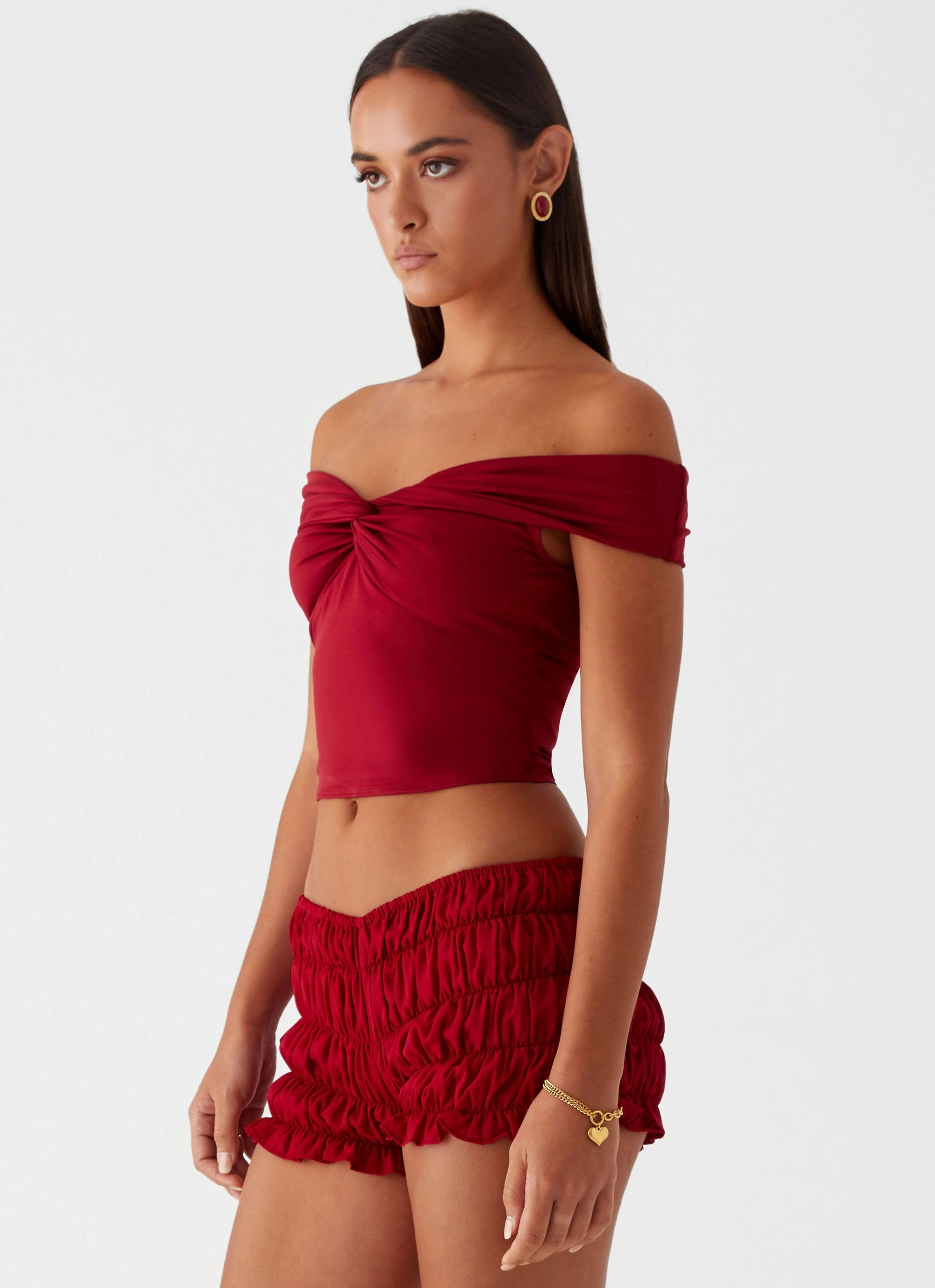 Reflective accents Trixie Twist Off Shoulder Top - Maroon