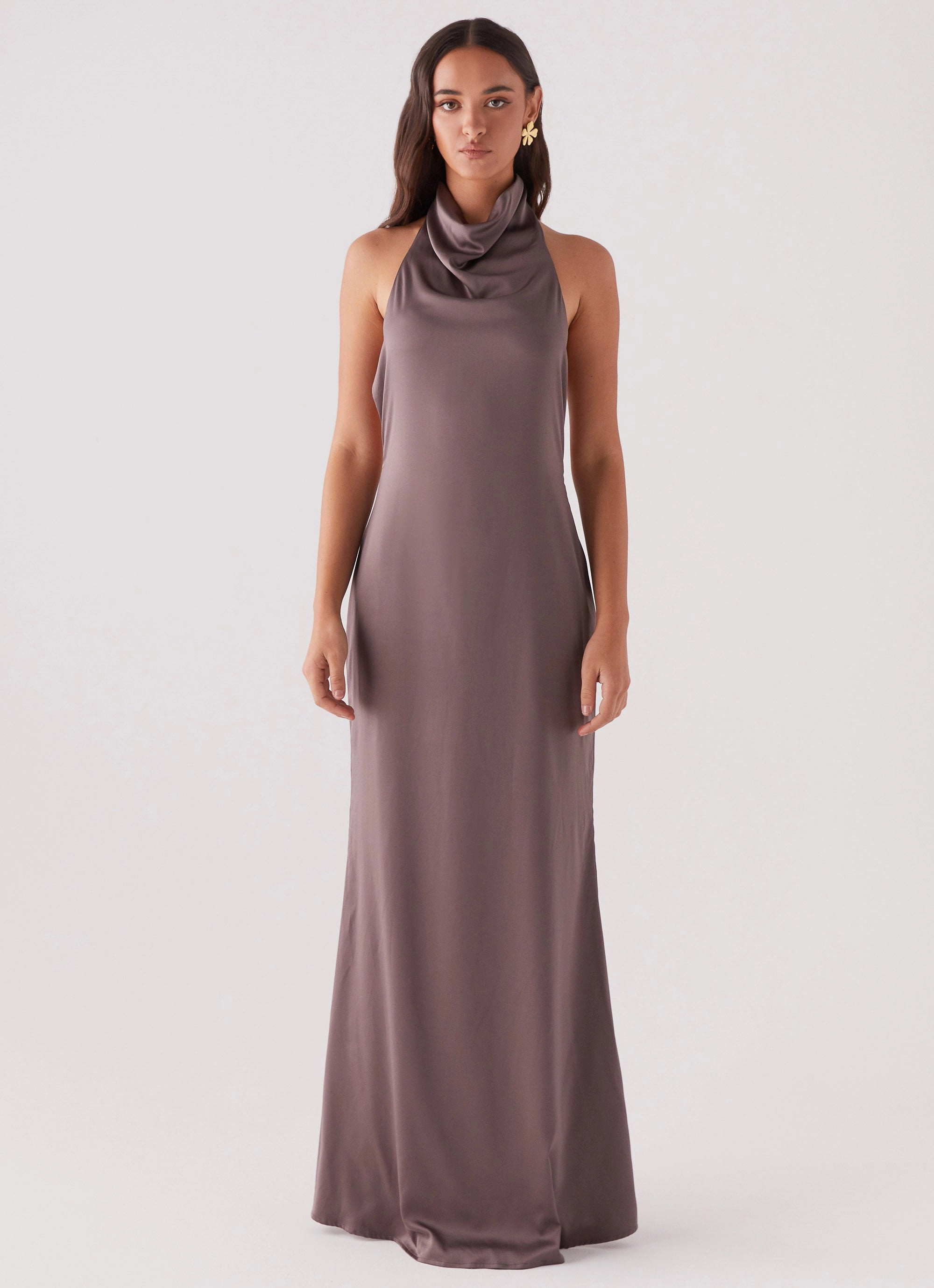 Wynn Satin Maxi Dress - Chocolate Fast Chic Weekend Edge