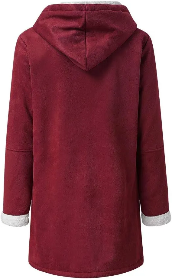 XUNRYAN Womens Winter Warm Coat with Hood Plus Size Suede Leather Sherpa Jackets Fleece Plush Hoodie Jackets Outerwear