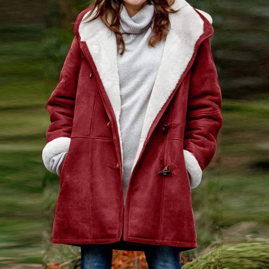 XUNRYAN Womens Winter Warm Coat with Hood Plus Size Suede Leather Sherpa Jackets Fleece Plush Hoodie Jackets Outerwear