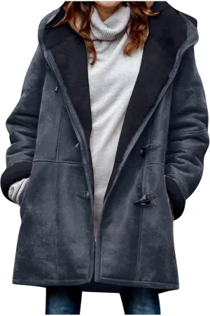 XUNRYAN Womens Winter Warm Coat with Hood Plus Size Suede Leather Sherpa Jackets Fleece Plush Hoodie Jackets Outerwear