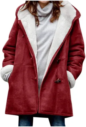 XUNRYAN Womens Winter Warm Coat with Hood Plus Size Suede Leather Sherpa Jackets Fleece Plush Hoodie Jackets Outerwear