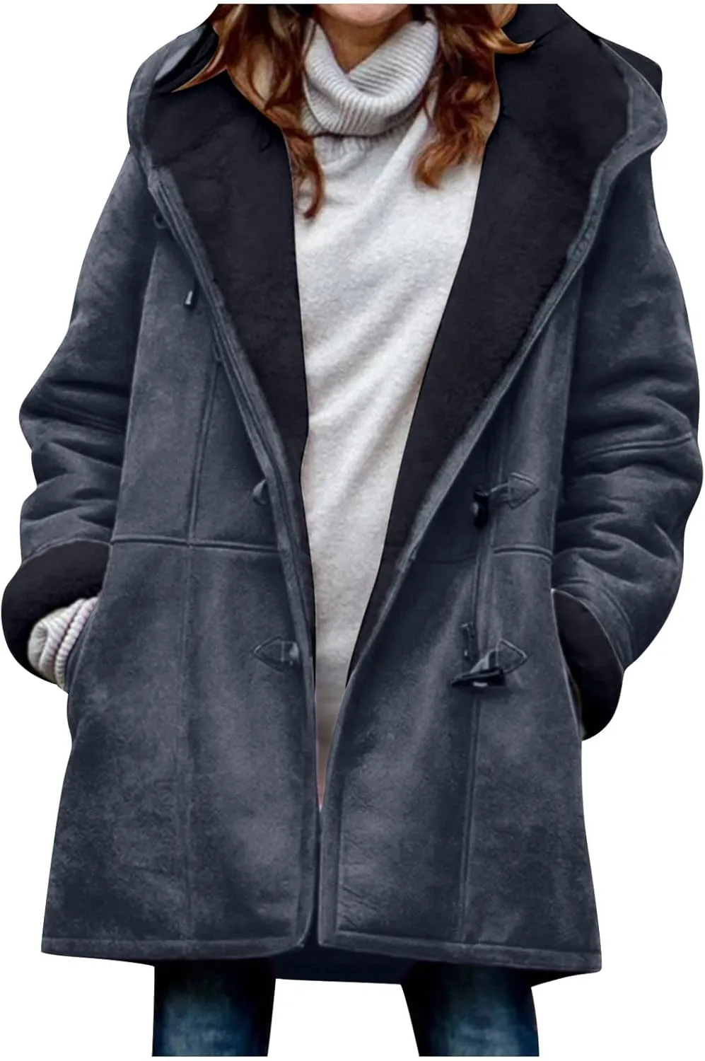 XUNRYAN Womens Winter Warm Coat with Hood Plus Size Suede Leather Sherpa Jackets Fleece Plush Hoodie Jackets Outerwear