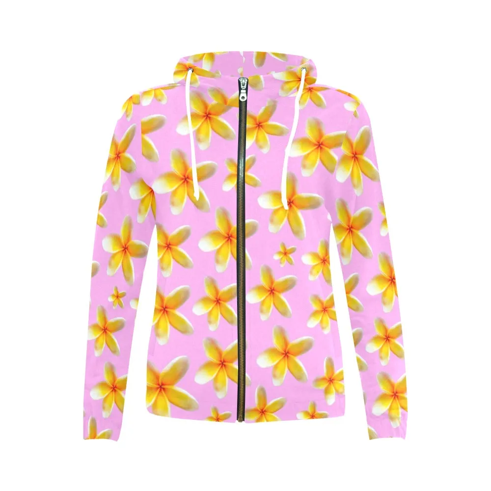 Yellow Frangipanis Pink Full Zip Hoodie up to 2 XL