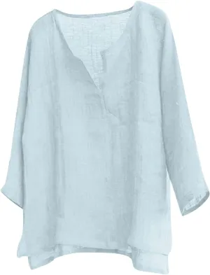 Ymosrh Men's Hawaiian Shirts T-Shirt Cotton Linen Solid Color Loose V-Neck Long Sleeve Shirt Shirts