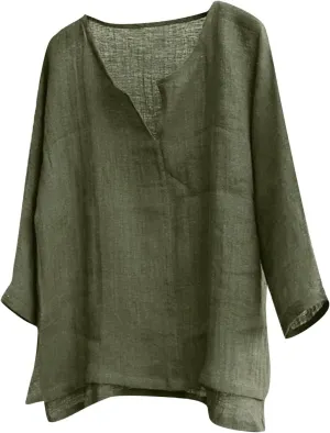 Ymosrh Men's Hawaiian Shirts T-Shirt Cotton Linen Solid Color Loose V-Neck Long Sleeve Shirt Shirts