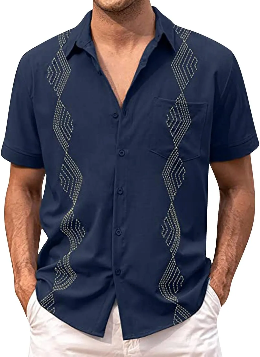 Ymosrh Men's Short Sleeve Button Down Shirts Lapel Short Sleeved Shirt Beach Casual Embroidered Top Shirts for Men, M-3XL