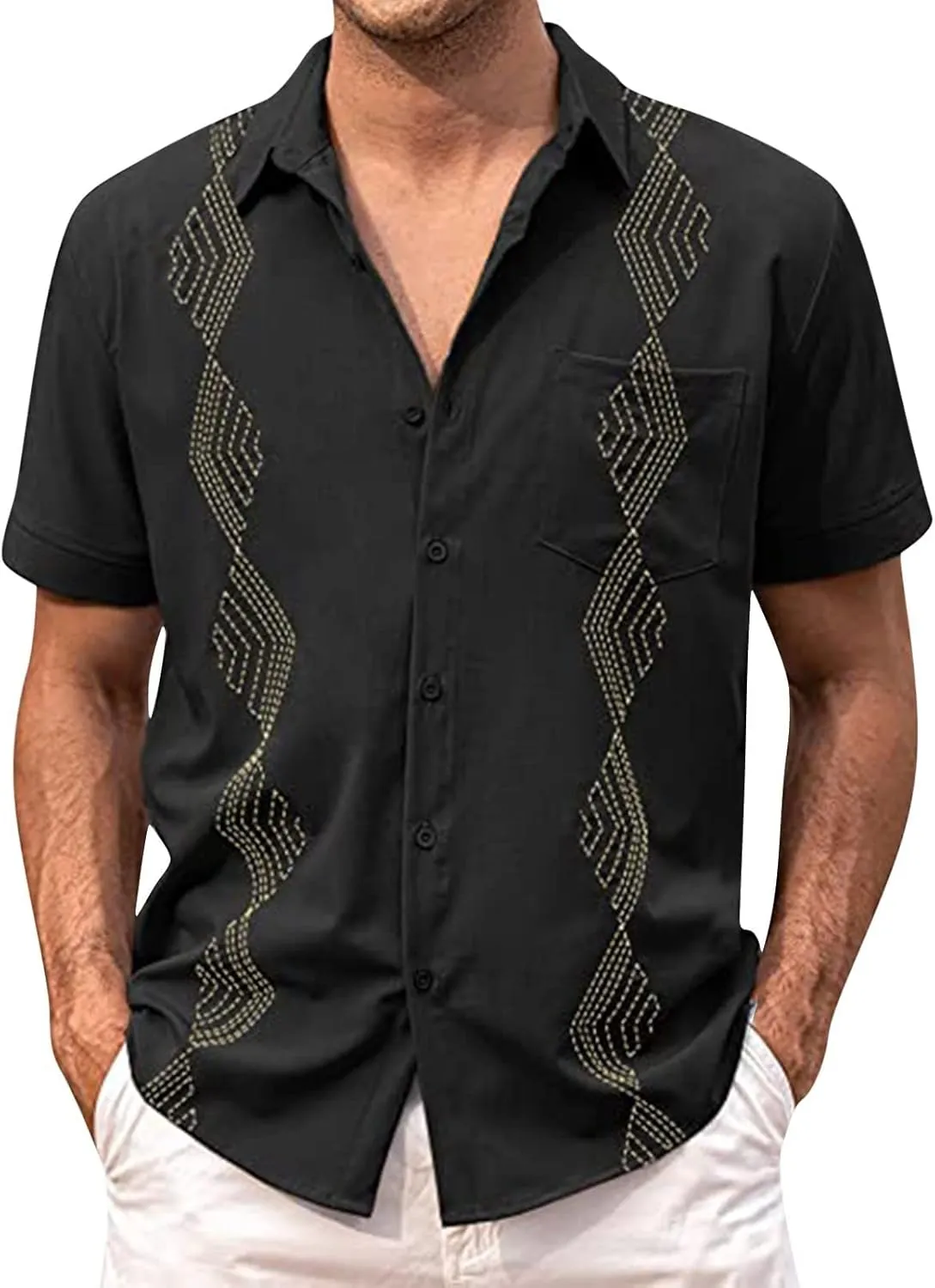 Ymosrh Men's Short Sleeve Button Down Shirts Lapel Short Sleeved Shirt Beach Casual Embroidered Top Shirts for Men, M-3XL