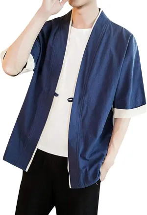 Ymosrh Men's Short Sleeve Shirts Kimono Short Shirts Open Front Cardigan Short Button Up Shirt, M-5XL