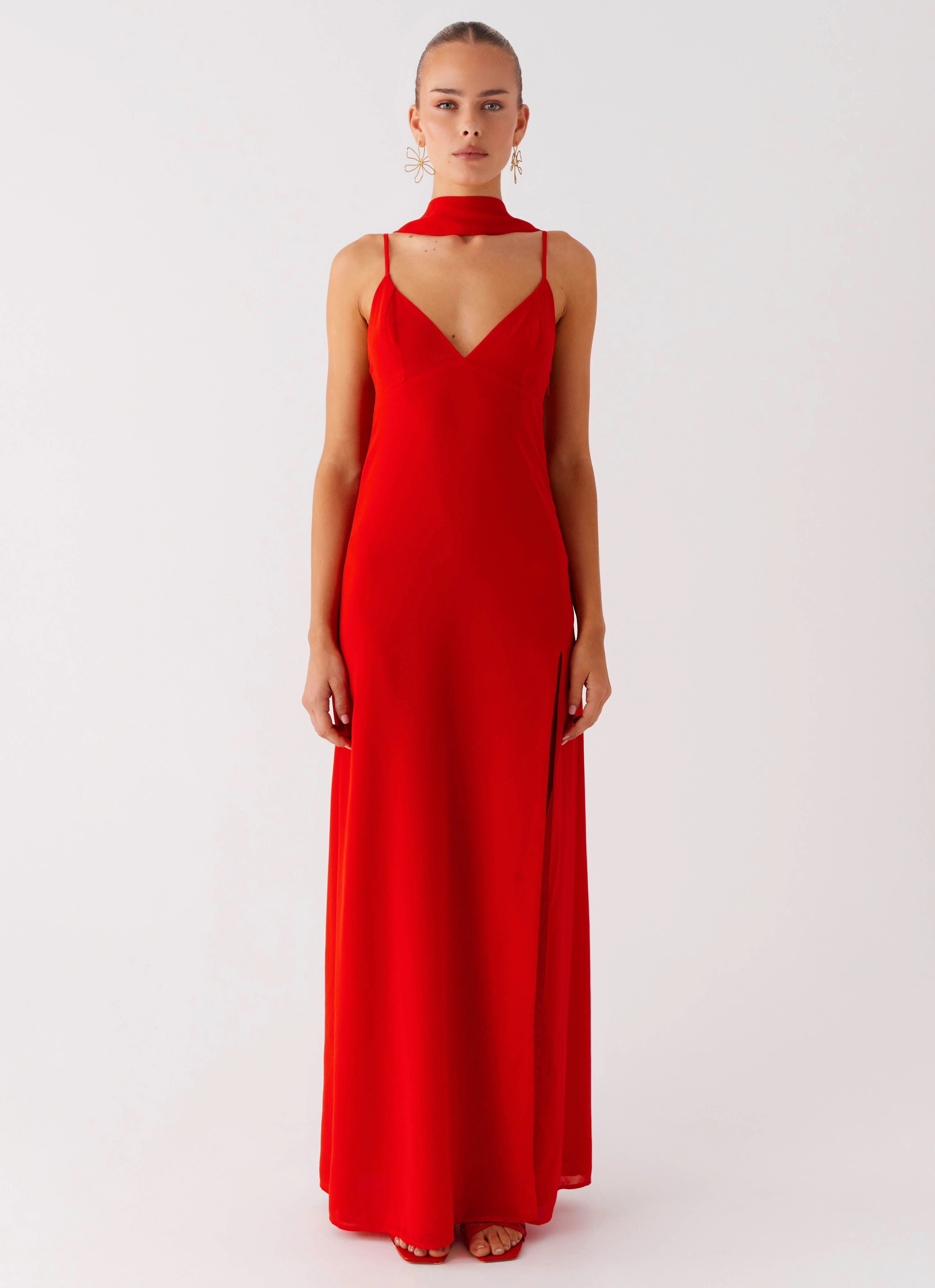 Fitted Shape Yorke Scarf Maxi Dress - Raspberry Red