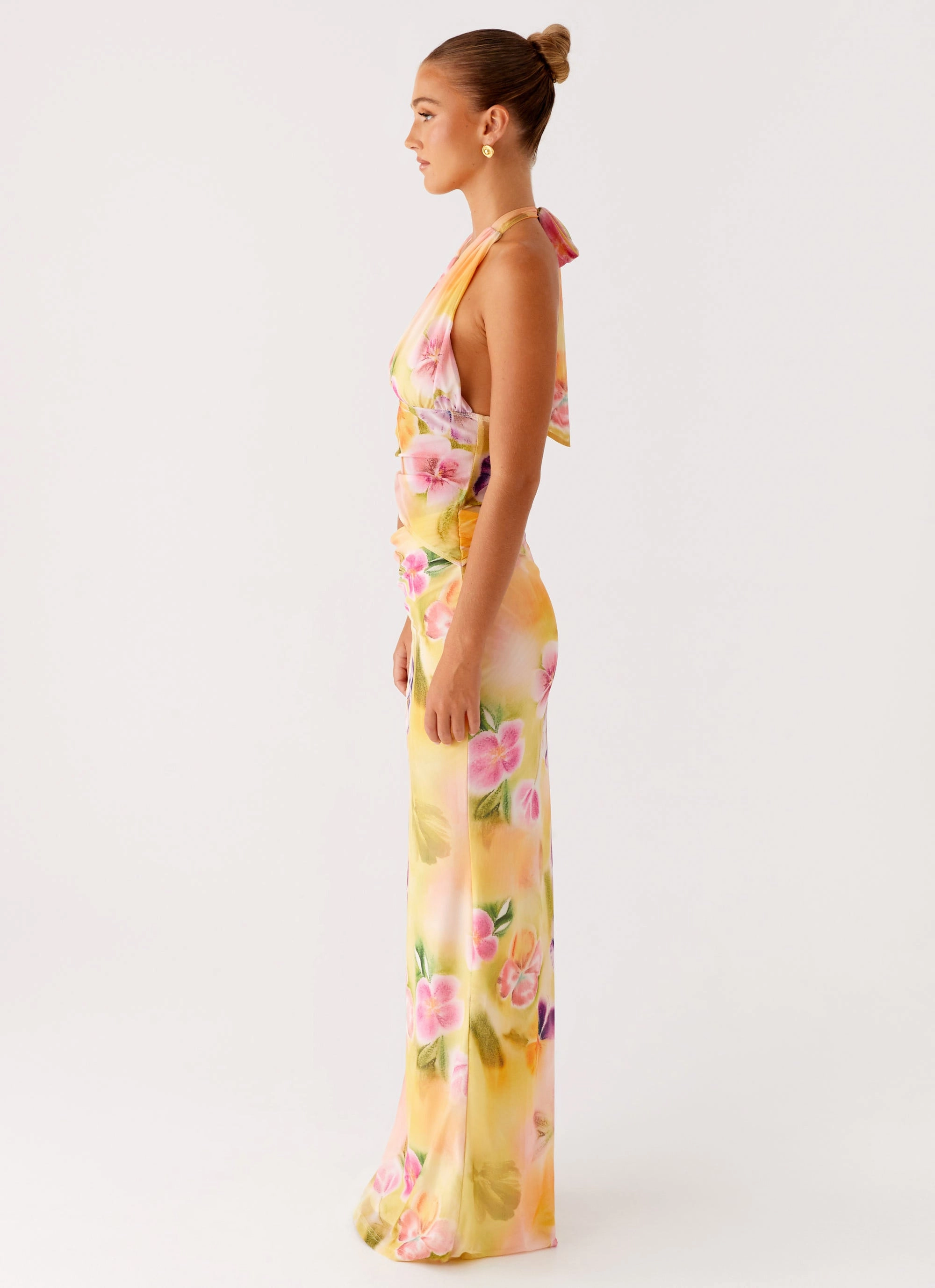 Main Act Halter Maxi Dress - Sunburst Floral Smooth Layers Youth Charm