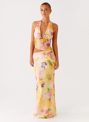 Retro Detail Main Act Halter Maxi Dress - Sunburst Floral