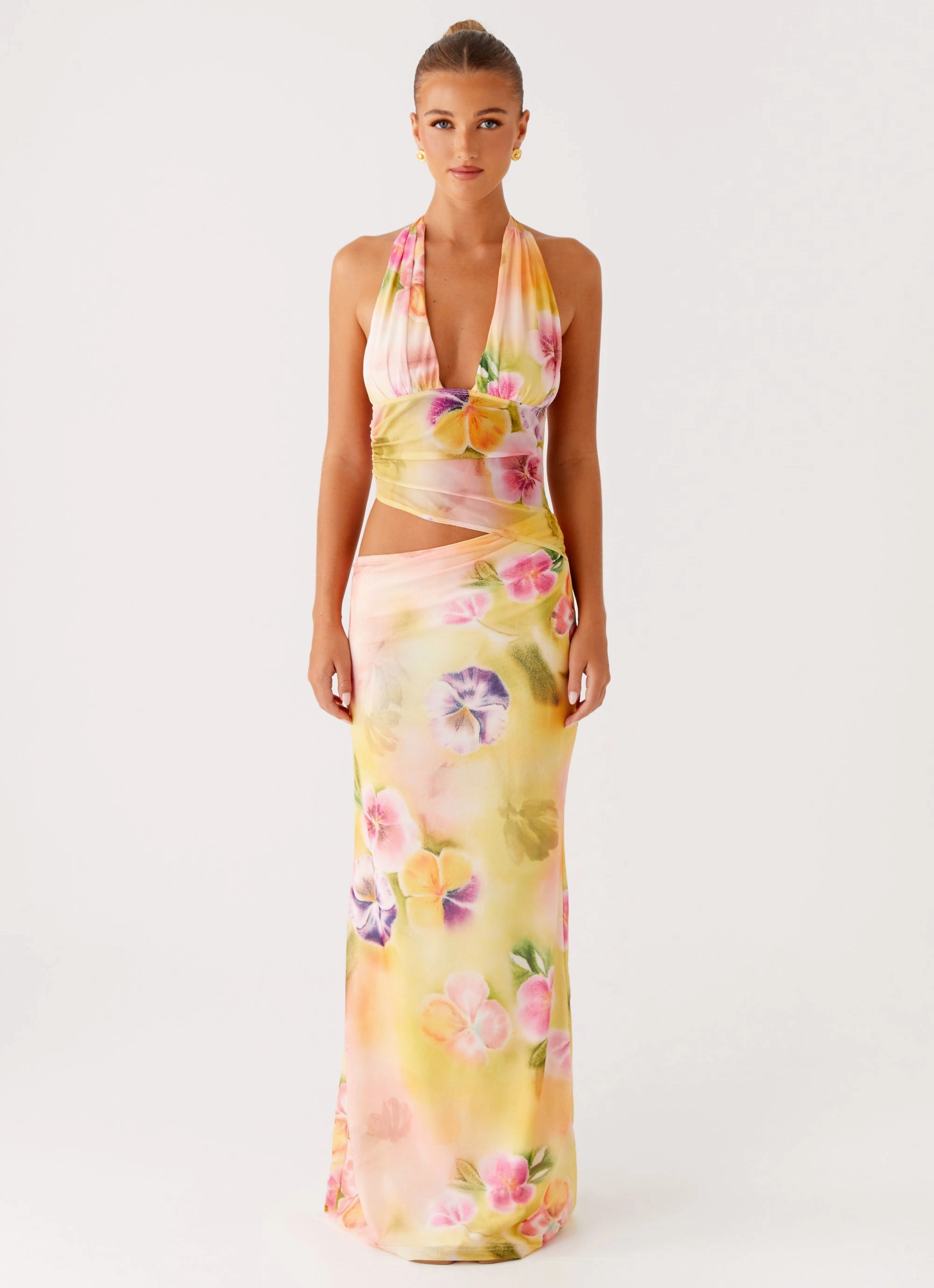 Main Act Halter Maxi Dress - Sunburst Floral Modern Layers