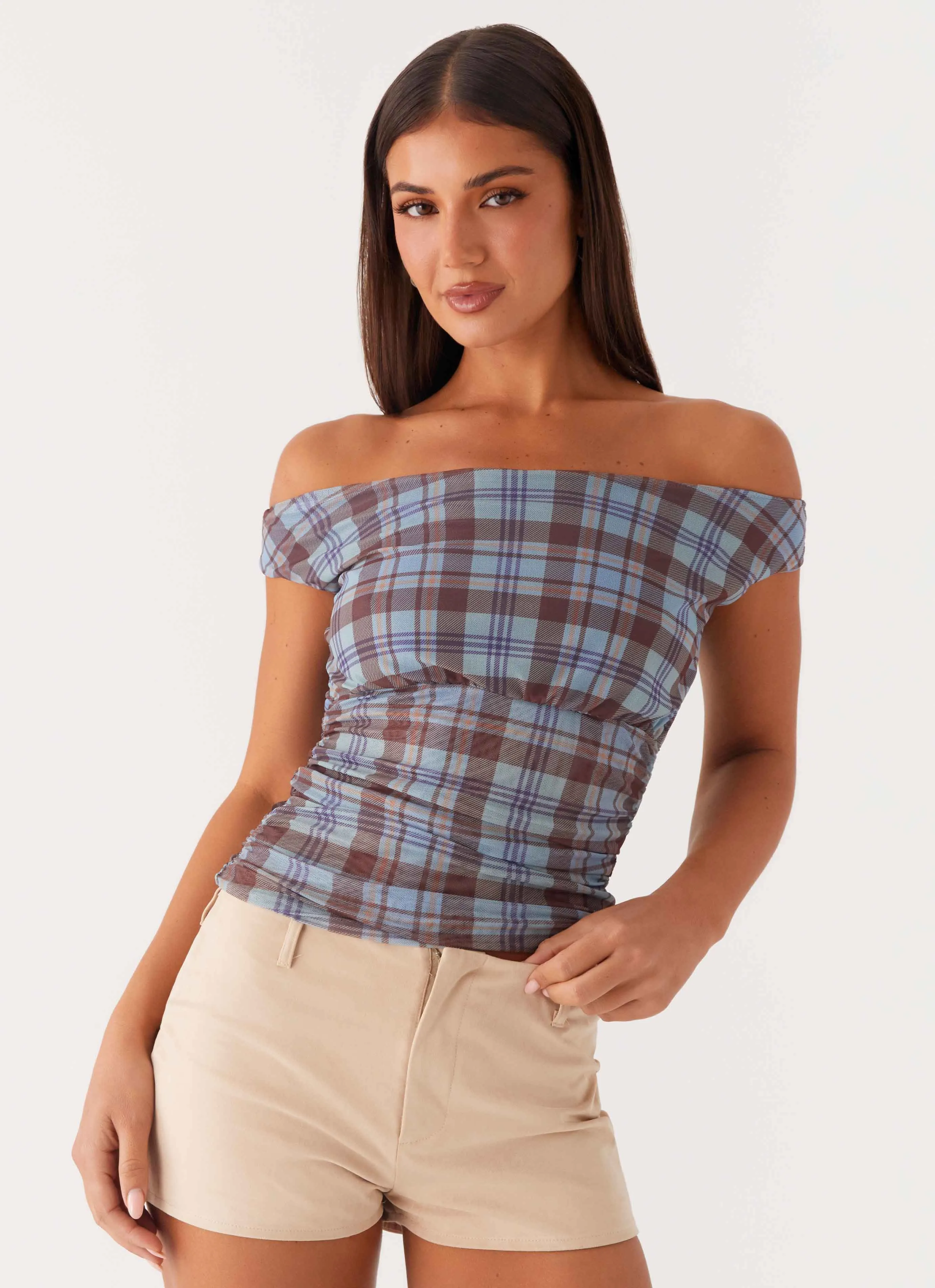 Zahli Off Shoulder Top - Shoreline Check Hypoallergenic fabric