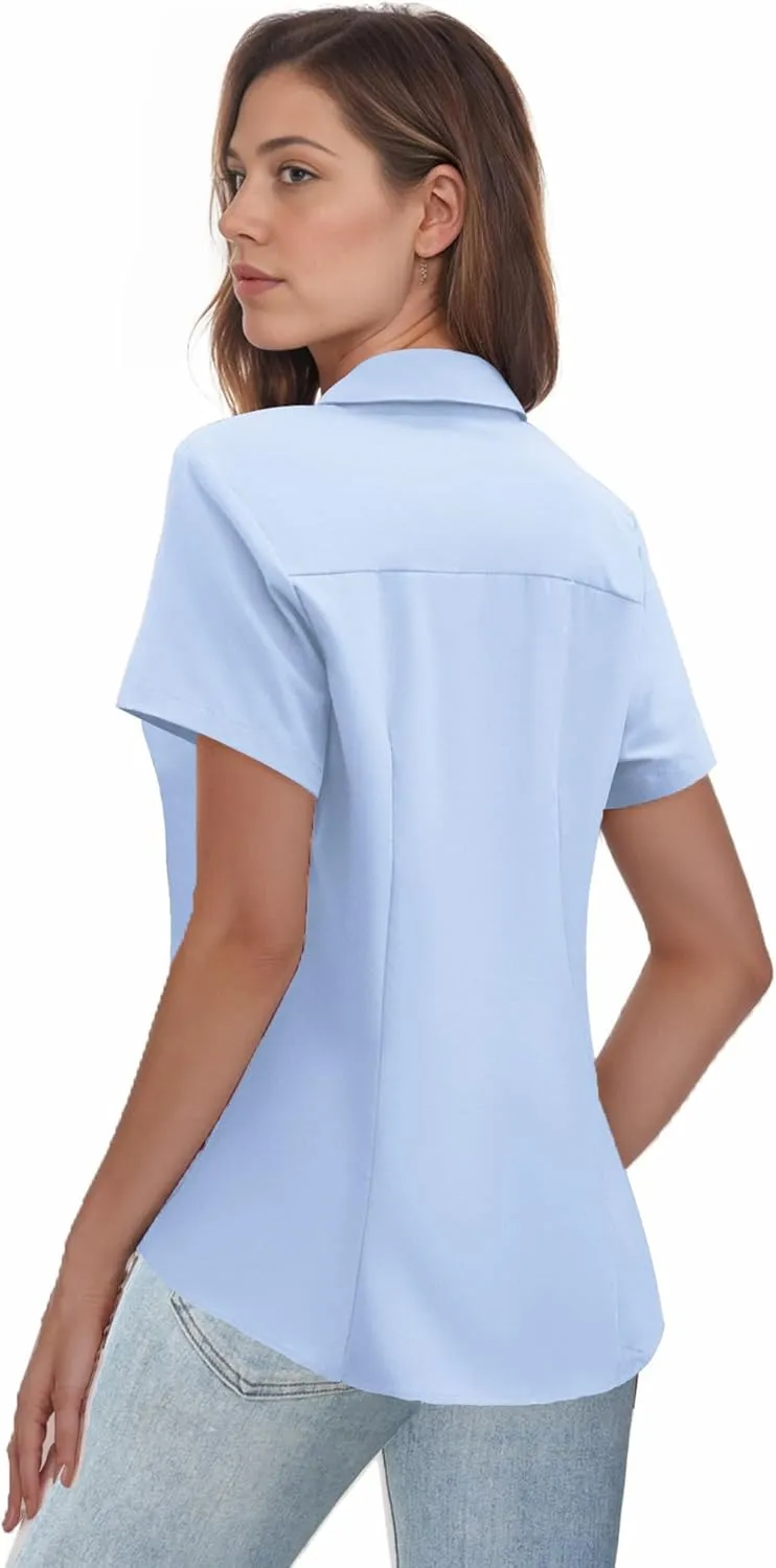 Zeagoo Women's Button Down Shirts Short Sleeve Dress Shirts Basic Business Collared Work Blouses