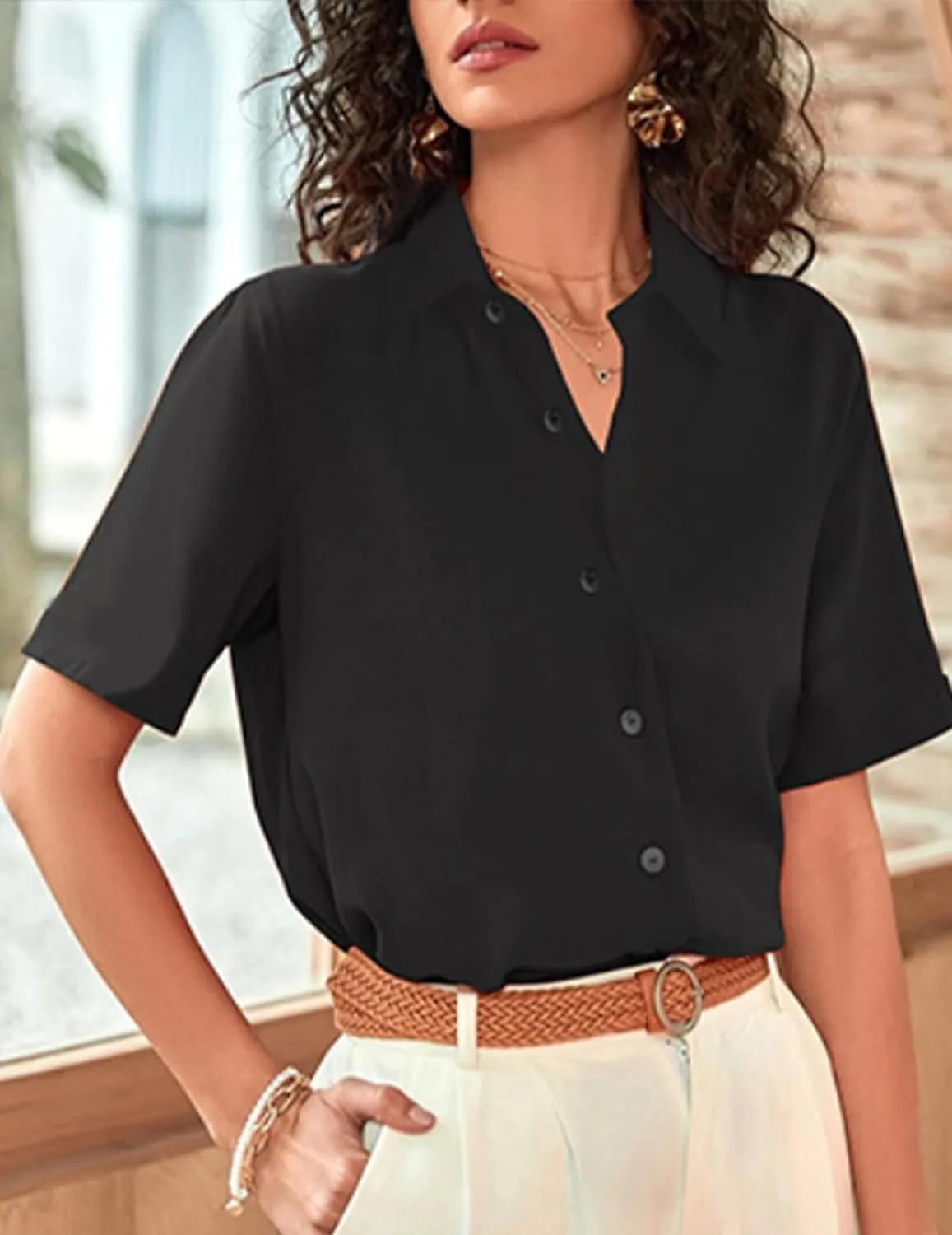 Zeagoo Women's Button Down Shirts Short Sleeve Dress Shirts Basic Business Collared Work Blouses