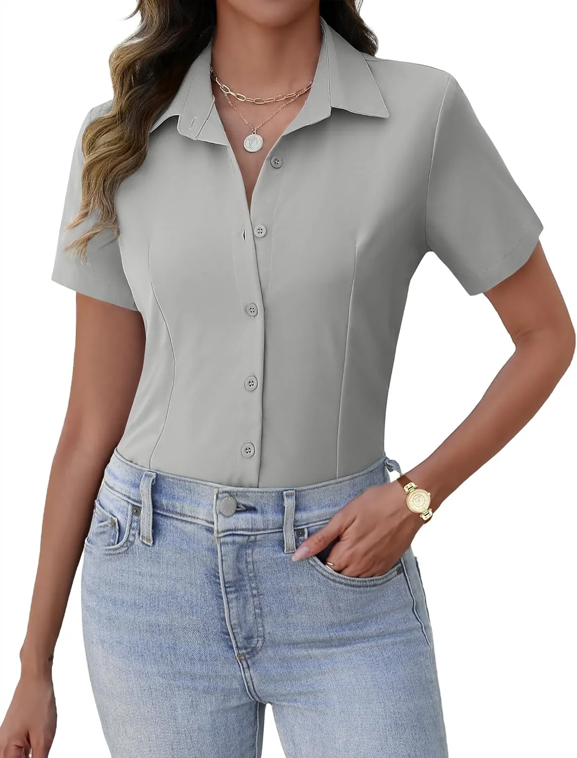 Zeagoo Women's Button Down Shirts Short Sleeve Dress Shirts Basic Business Collared Work Blouses