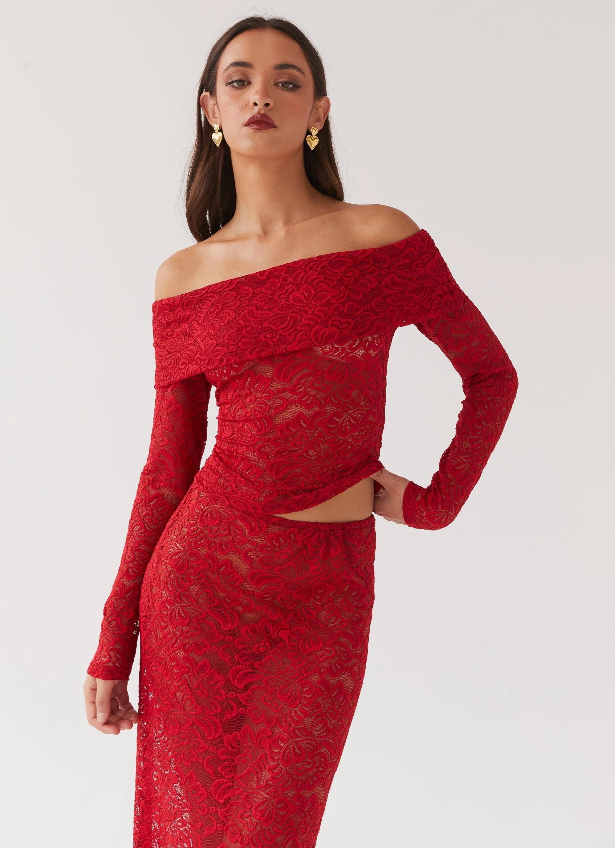 Layered Collar Design Zephyra Lace Long Sleeve Top - Red