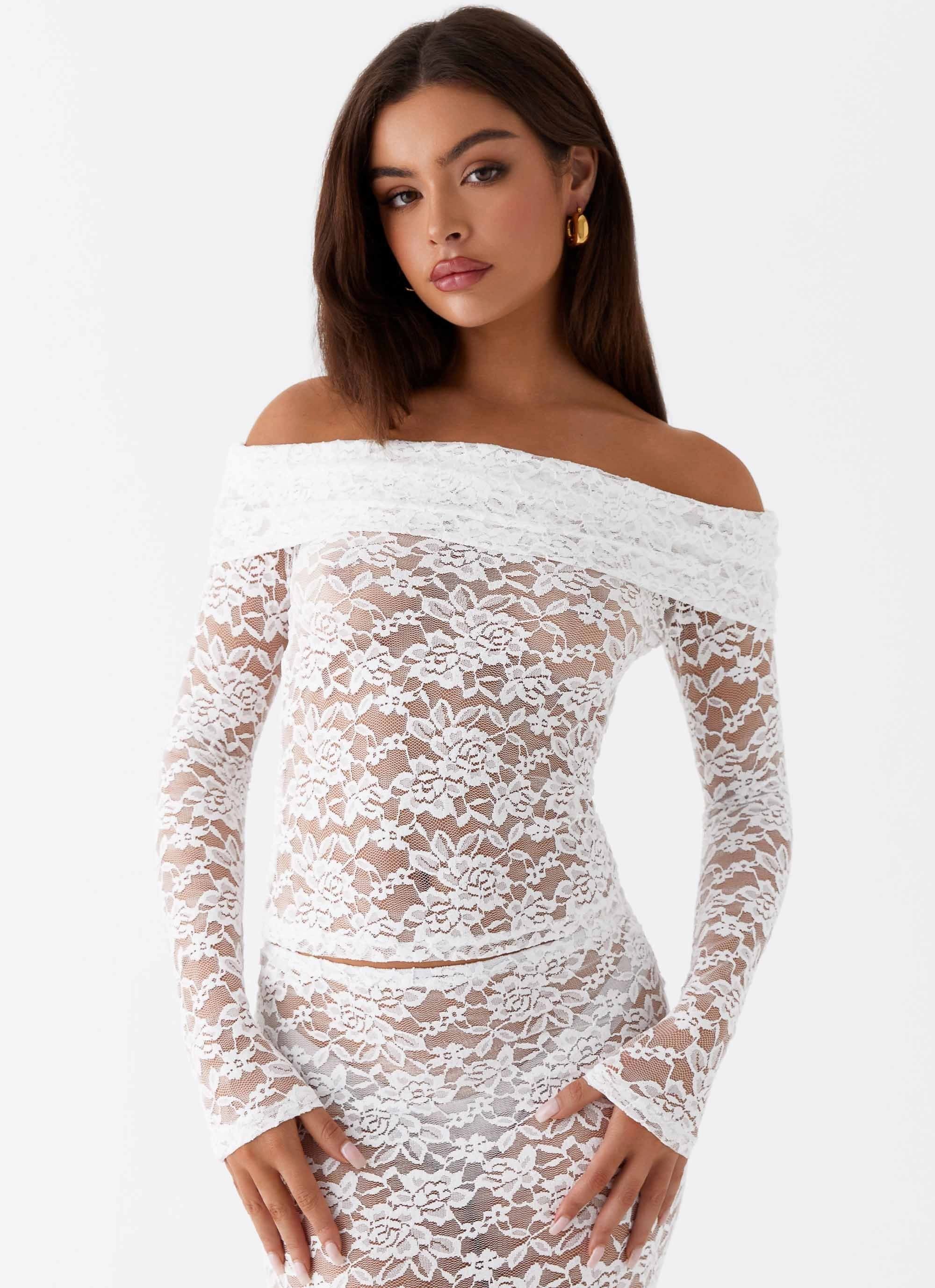 Zephyra Lace Long Sleeve Top - White High Cut Stylish Waistband Fit