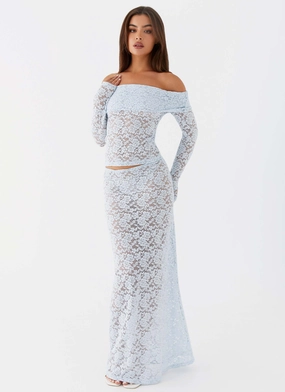 Zephyra Lace Maxi Skirt - Blue Cloud Semi Sheer