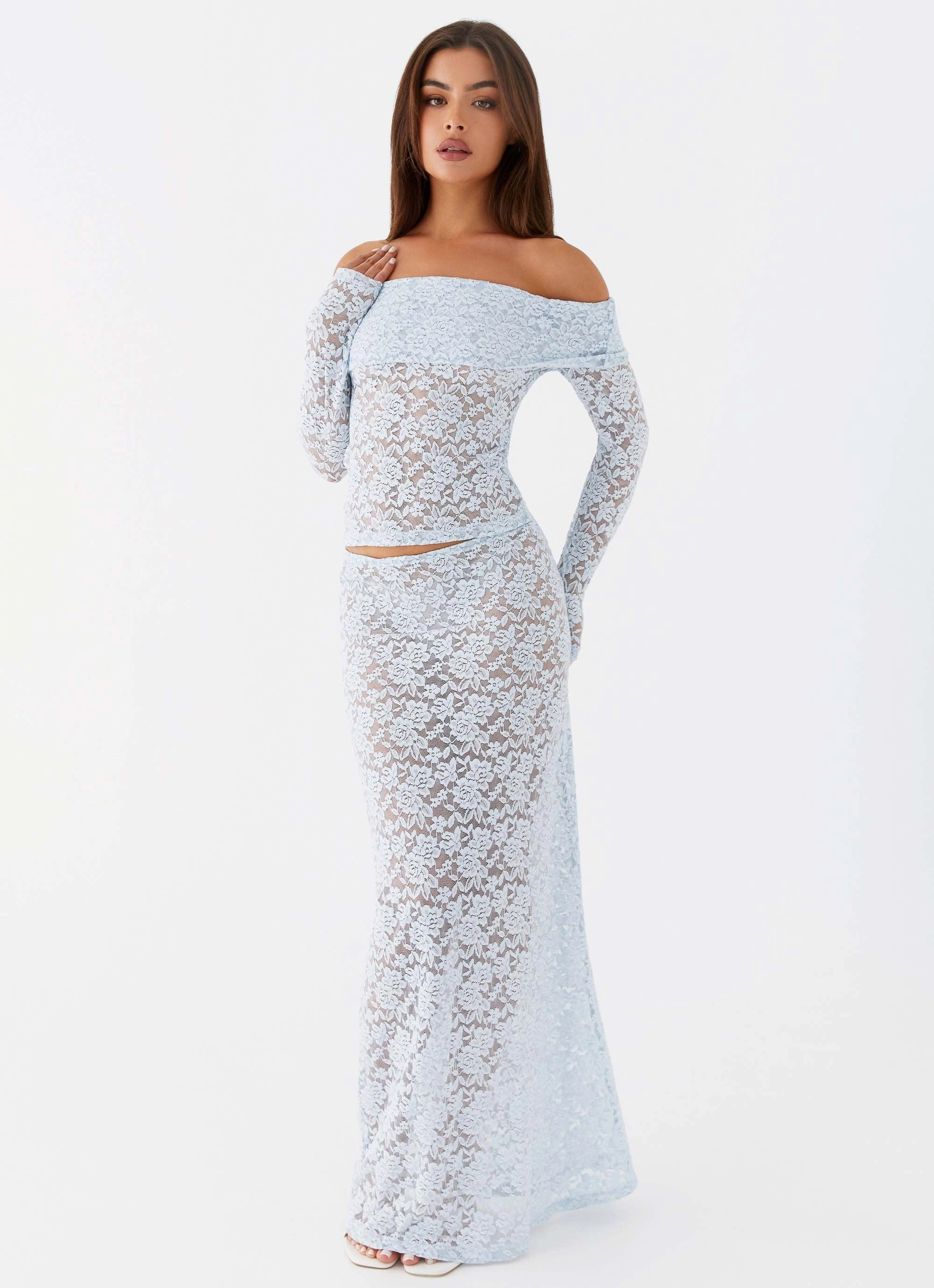 Zephyra Lace Maxi Skirt - Blue Cloud Semi Sheer