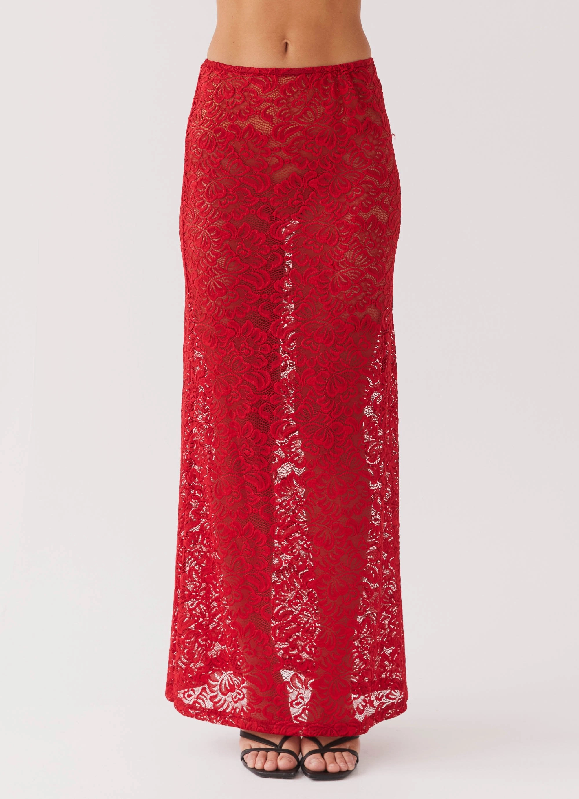 Zephyra Lace Maxi Skirt - Red Lightweight Lining Tiered Layers