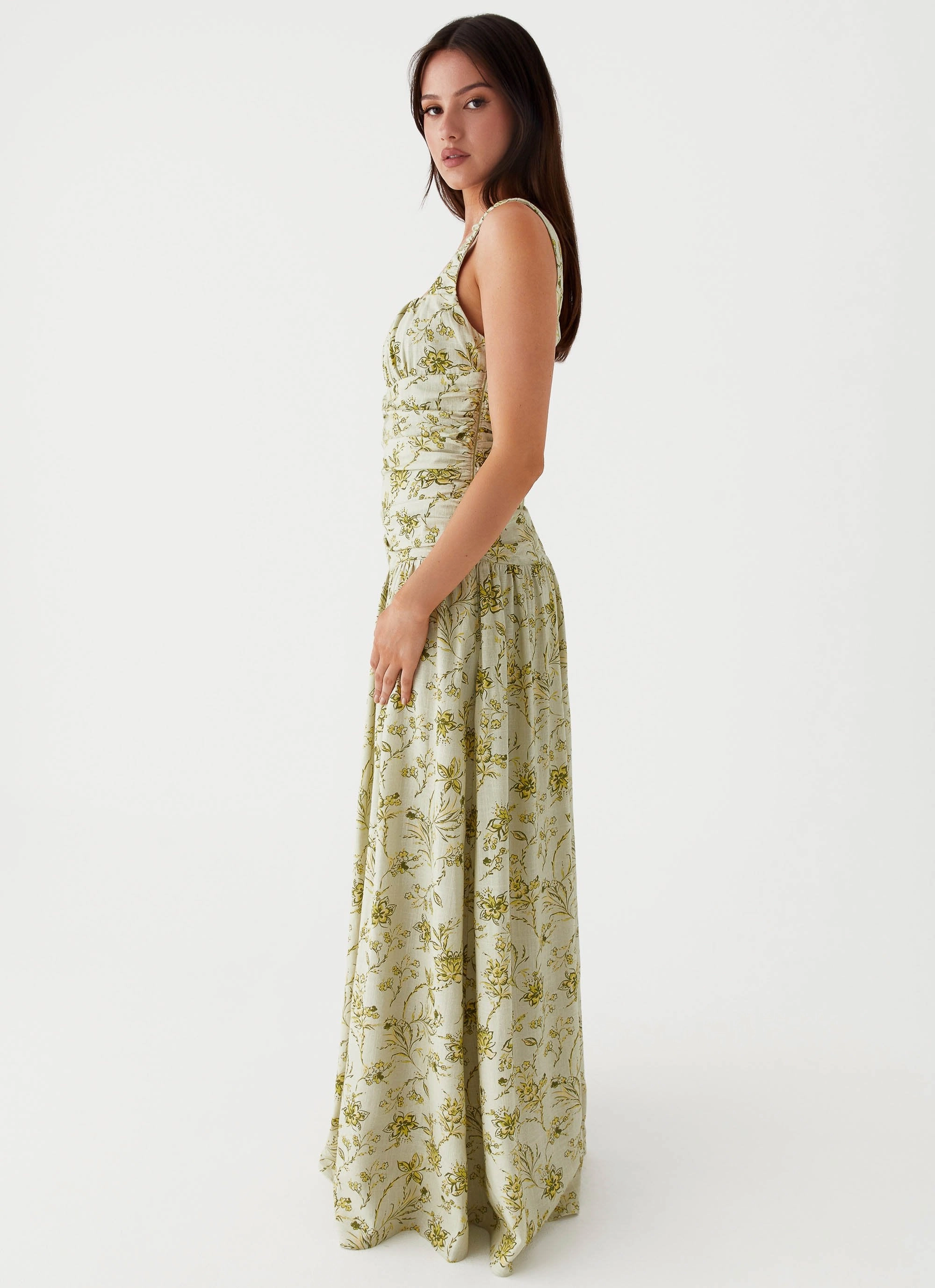 Zinna Linen Maxi Dress - Sage Floral Elegant Waistband Fit Luxe Appeal