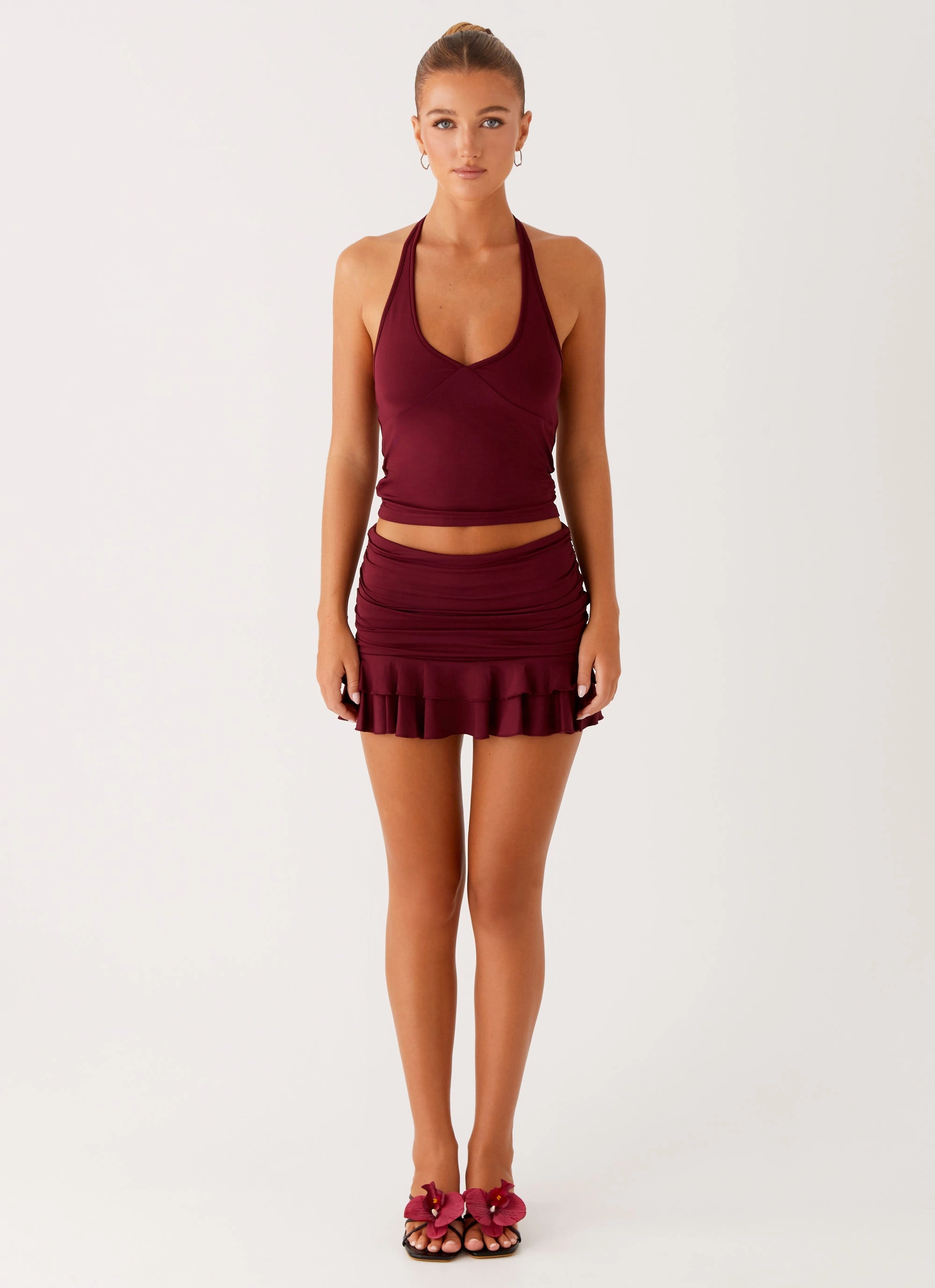 Subtle Design Detail NonRestrictive Cut Bernie Halter Top - Raspberry Wine