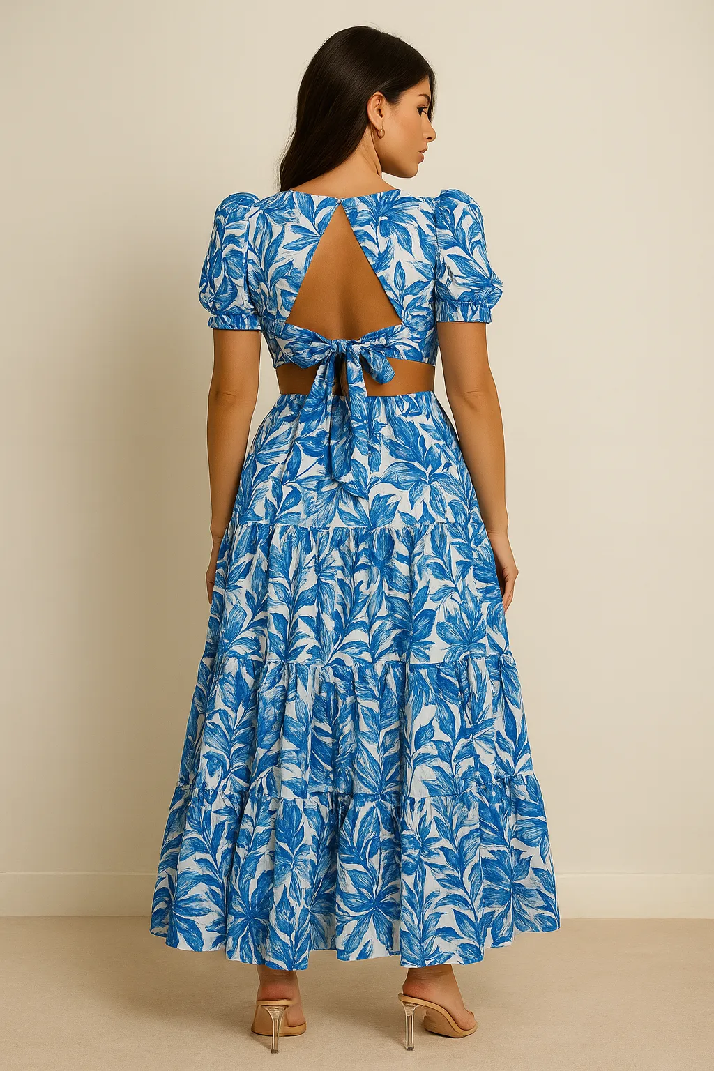 Refined Feel Zoe Tiered Cutout Maxi Dress / Blue Floral