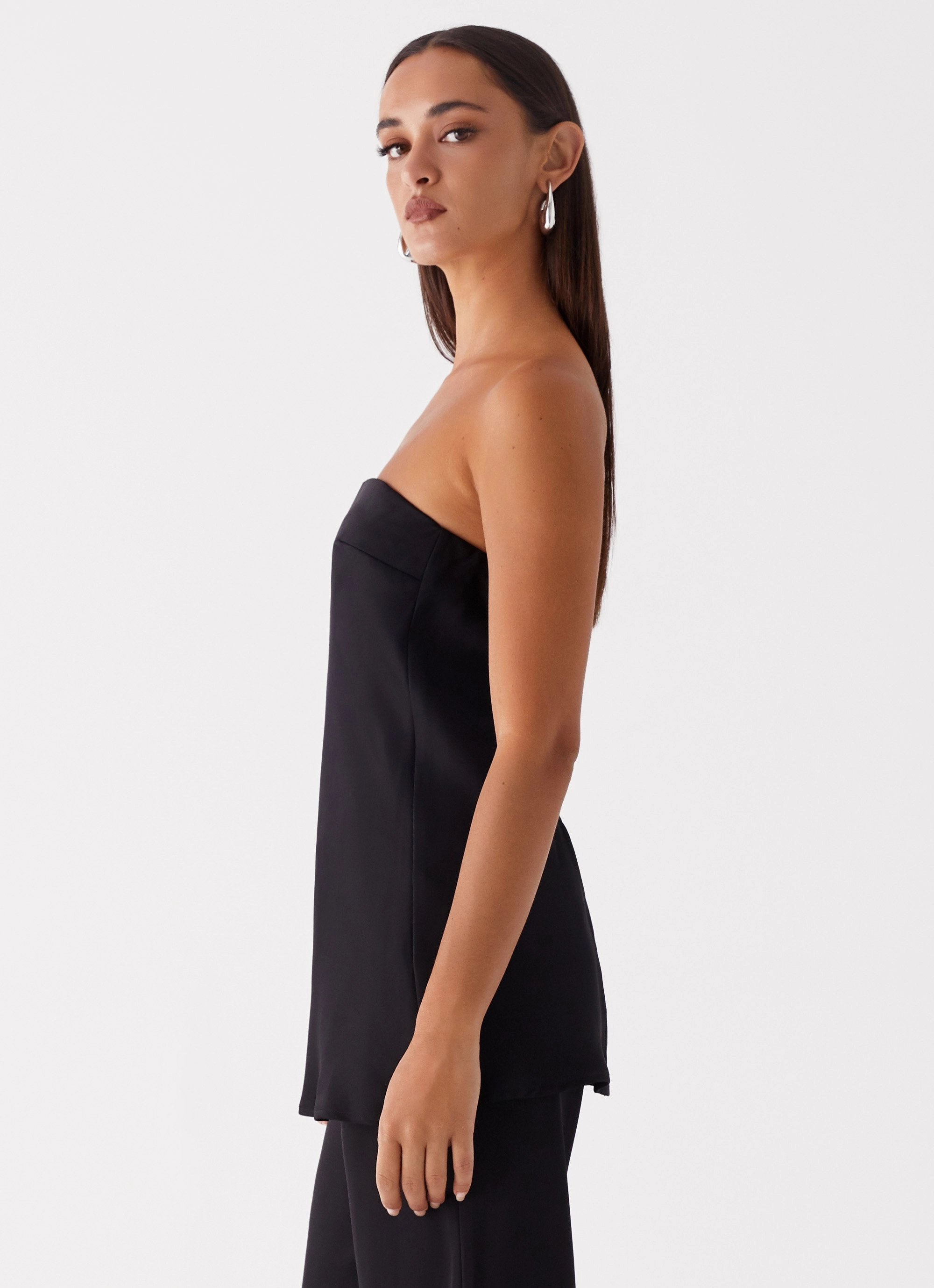 Zoey Satin Tube Top - Black Double Chest Pocket