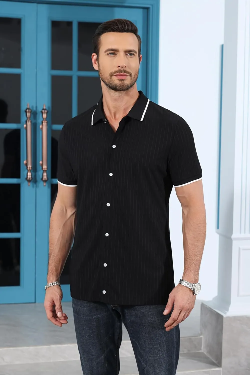 ZTN Mens Shirts Short Sleeve Casual Striped Summer Shirts Button Down Shirt for Men Beach Shirt