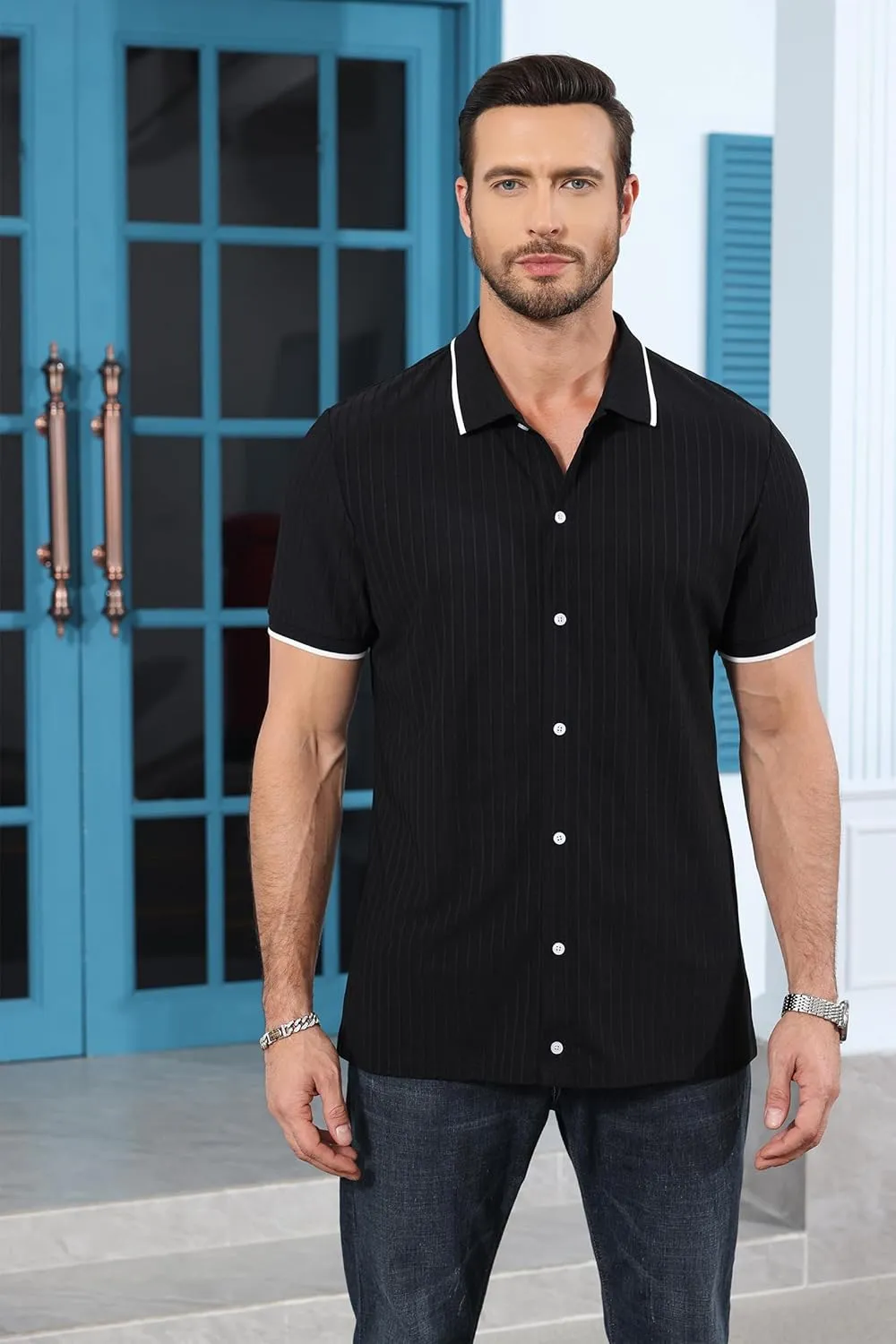 ZTN Mens Shirts Short Sleeve Casual Striped Summer Shirts Button Down Shirt for Men Beach Shirt