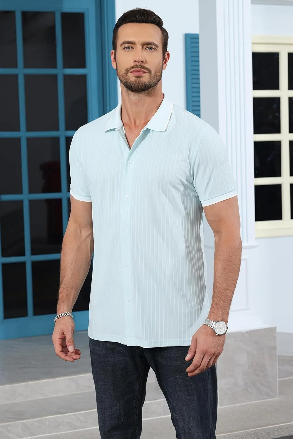 ZTN Mens Shirts Short Sleeve Casual Striped Summer Shirts Button Down Shirt for Men Beach Shirt