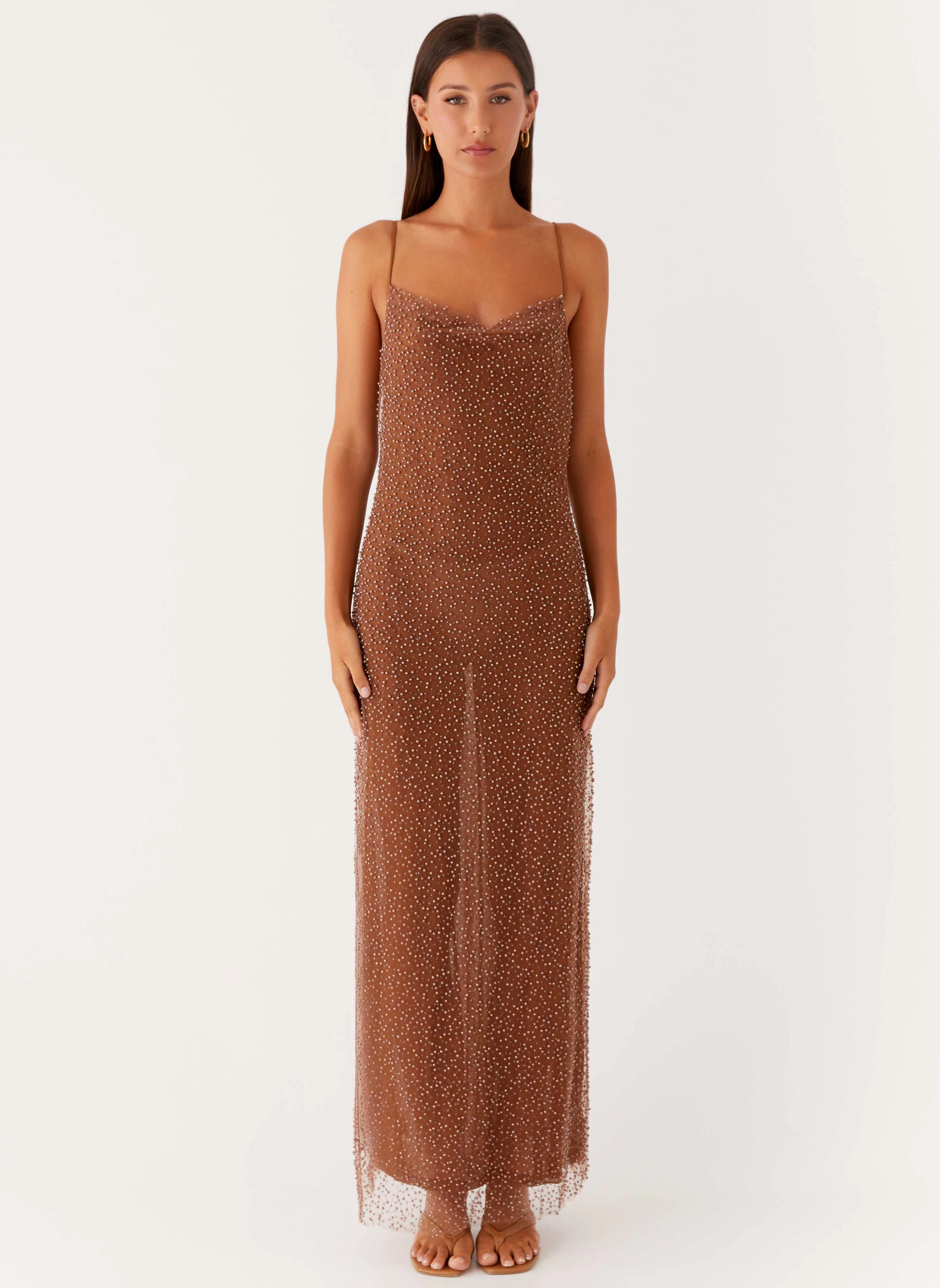 Chic Comfort Sheer Light Zuella Beaded Maxi Dress - Chocolate