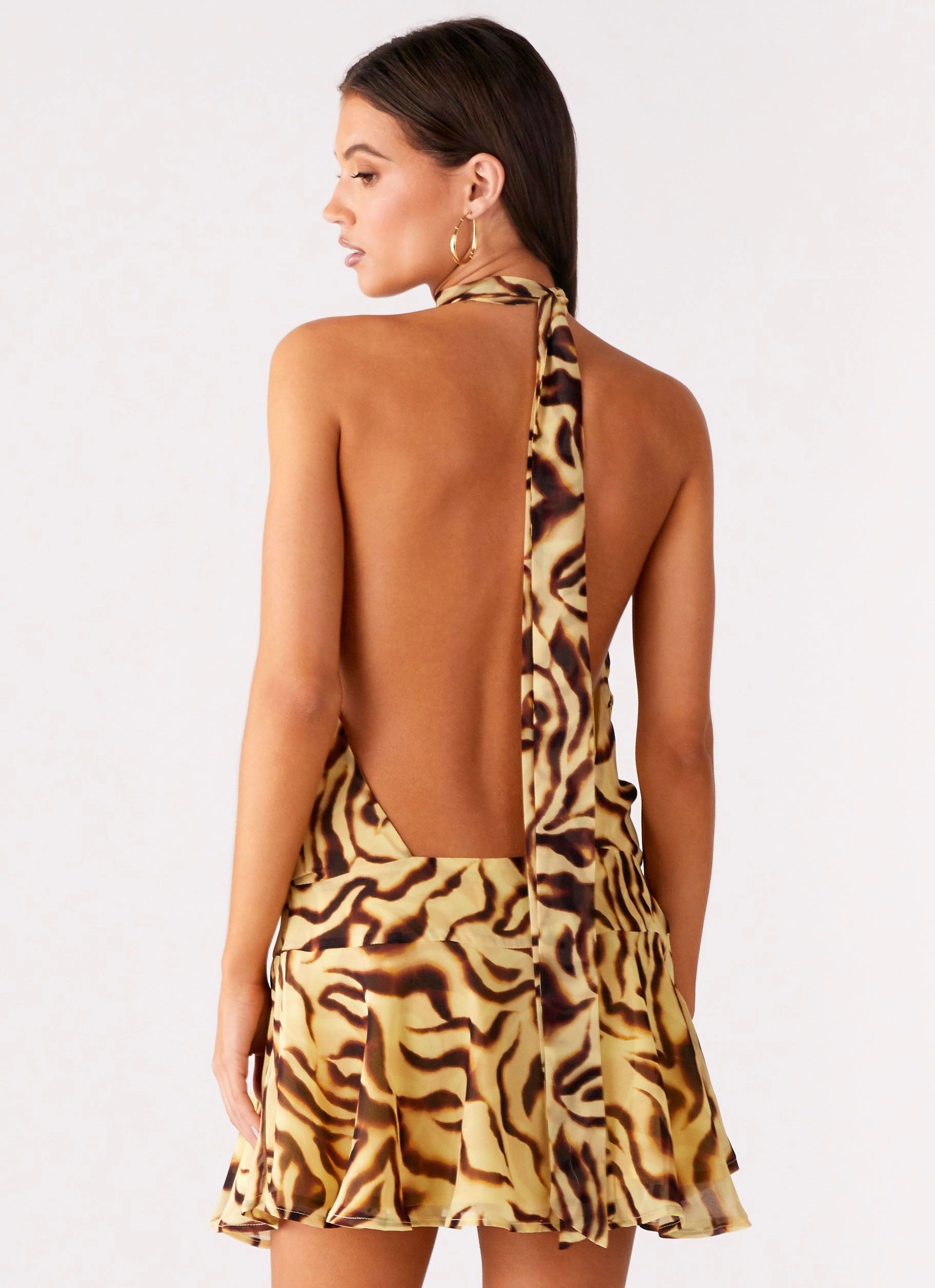 Elegant Waist Texture Softness Zulla Backless Mini Dress - Laguna Print