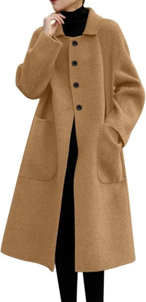 ZYXTIM Womens Wool Blend Winter Jacket Plus Size Notched Button Down Long Coat Jacket Open Front Warm Trench Overcoat