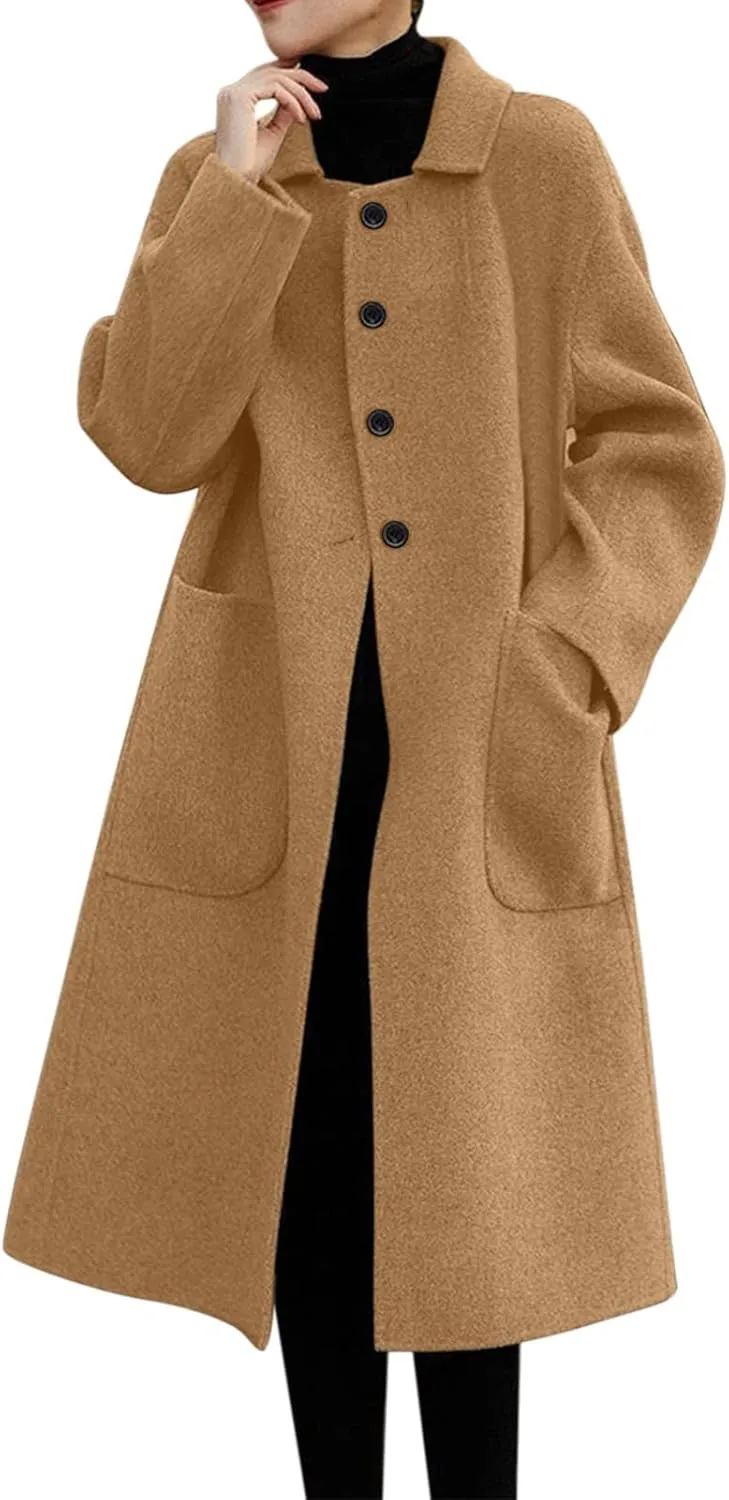 ZYXTIM Womens Wool Blend Winter Jacket Plus Size Notched Button Down Long Coat Jacket Open Front Warm Trench Overcoat